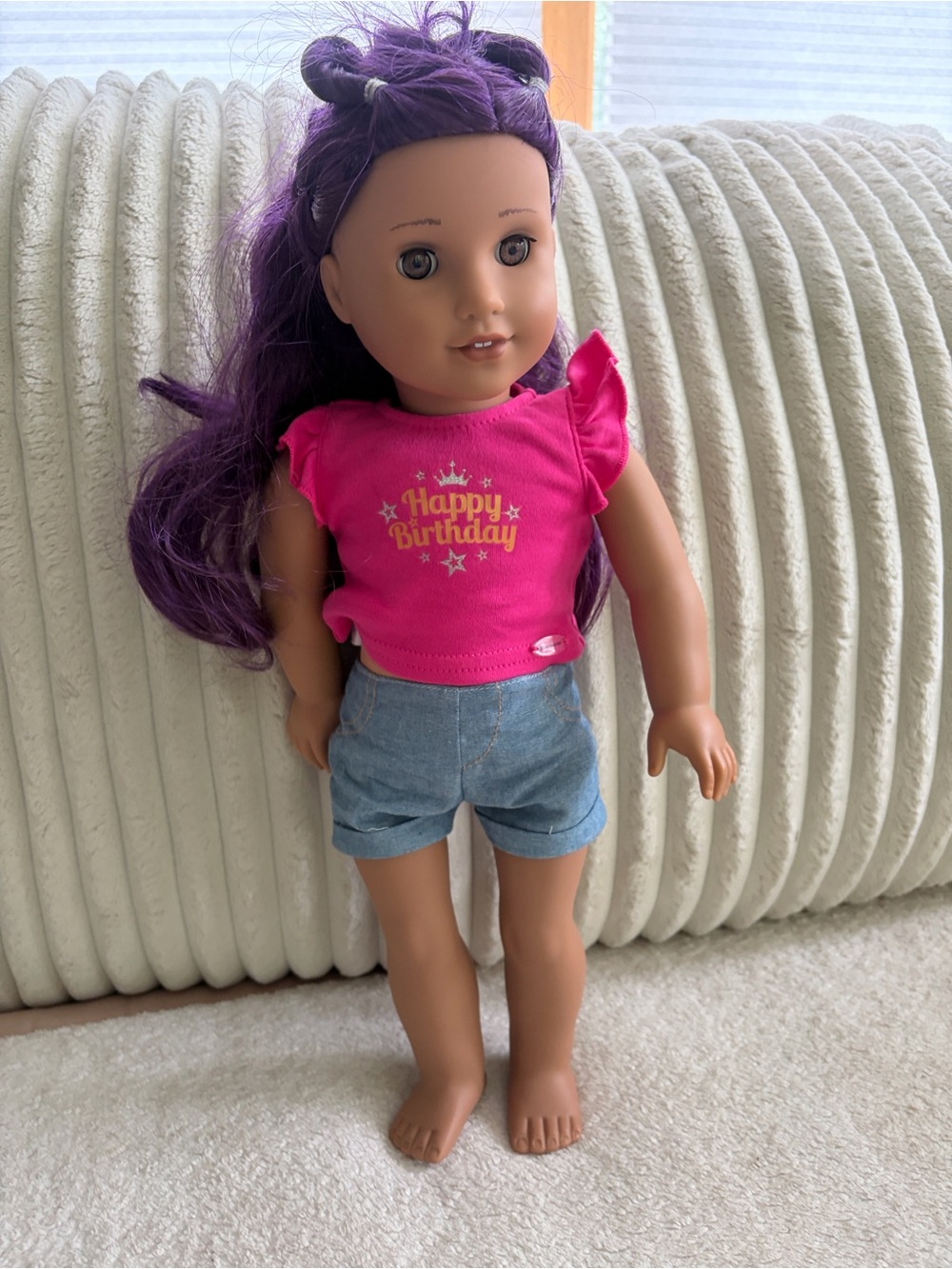 American Girl Doll with Purple Hair and Hot Pink Birthday Top (2small marks)